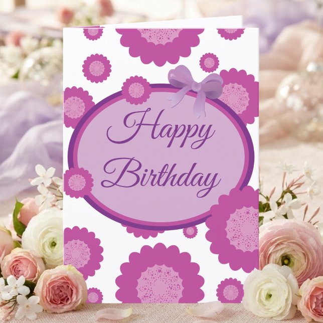 Tarjeta de cumpleaños de flores manchadas de rosa (Pink hand drawn flowers, script text and little bow that any woman who loves flowers will appreciate)