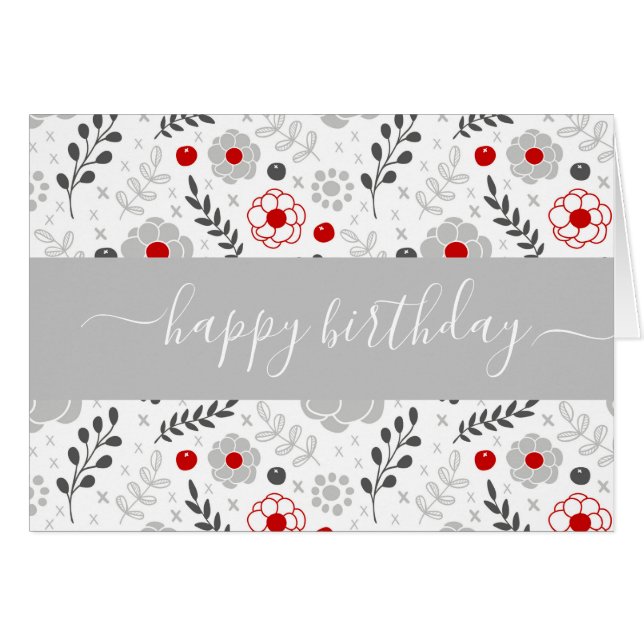 Tarjeta de cumpleaños de flores rojas y grises mod (Anverso (Horizontal))