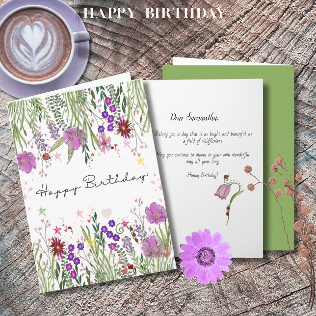Tarjeta de cumpleaños de flores silvestres de acua (Elegant Pink Watercolor Wildflowers Birthday Card )