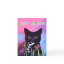 TARJETA DE CUMPLEAÑOS DE FLORES Y GATO NEGRO