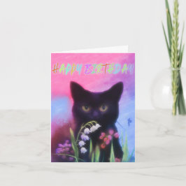 TARJETA DE CUMPLEAÑOS DE FLORES Y GATO NEGRO