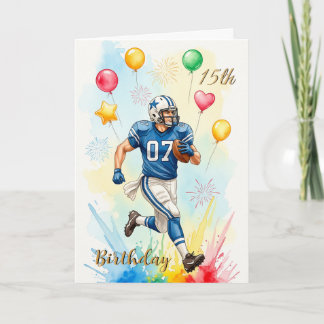 Tarjeta de cumpleaños de futbolista, globos, fuego