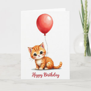 Tarjeta de cumpleaños de gatito a rayas con globo