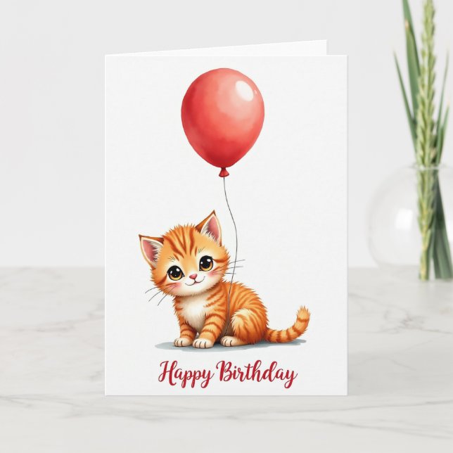 Tarjeta de cumpleaños de gatito a rayas con globo (Anverso)