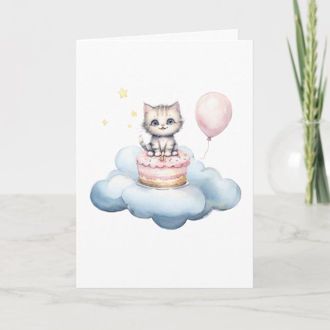 Tarjeta de cumpleaños de gatito adorable con acuar (Anverso)