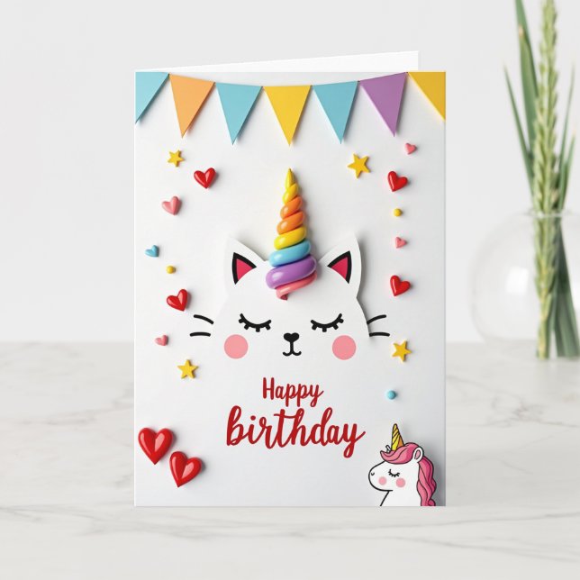 Tarjeta de cumpleaños de gatito arcoíris caprichos (Anverso)