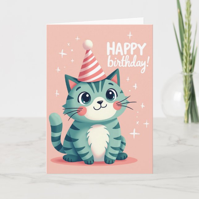 Tarjeta de cumpleaños de gatito azul turquesa (Anverso)
