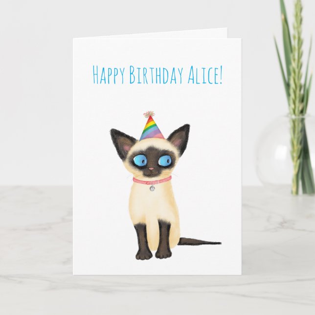 Tarjeta de cumpleaños de gatito cutés siamés (Anverso)