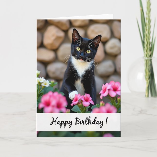Tarjeta de cumpleaños de gatito floral (Anverso)