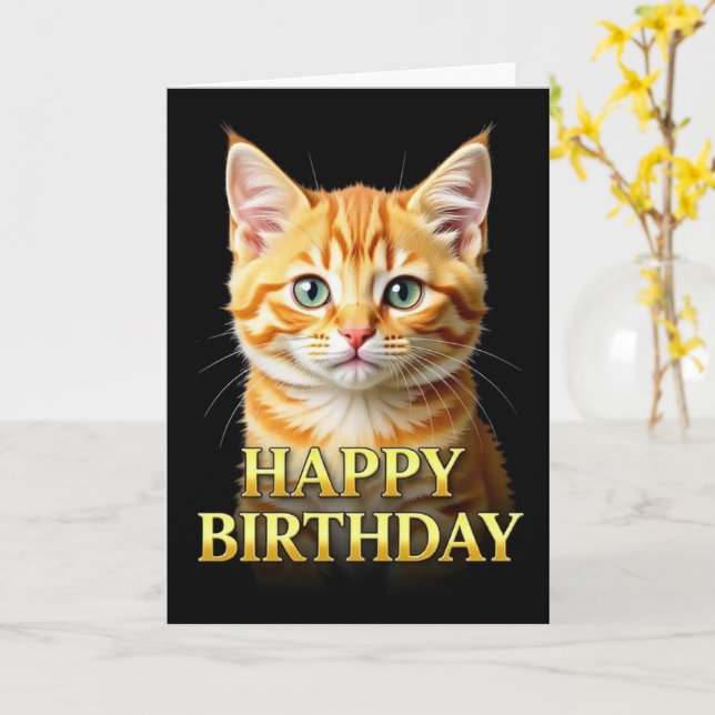 TARJETA DE CUMPLEAÑOS DE GATITO GINGER EN PRIMER P (flor amarilla)