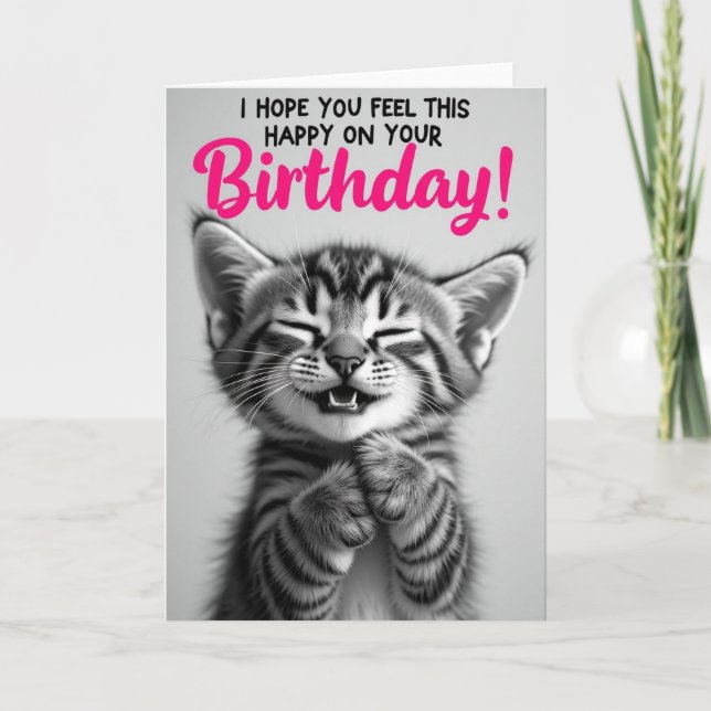 Tarjeta de cumpleaños de gato a rayas en escala de (Anverso)