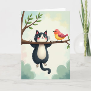 Tarjeta de cumpleaños de gato adorable y pájaro