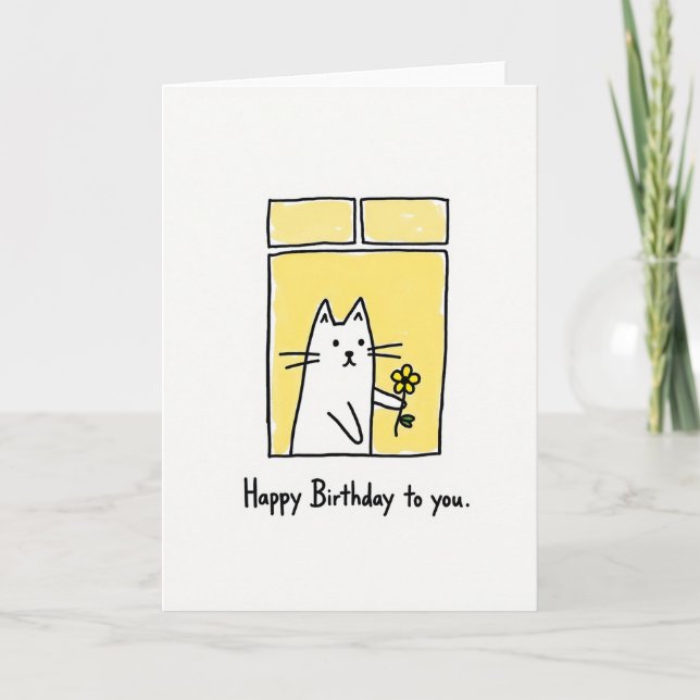Tarjeta de cumpleaños de gato alegre en la ventana (Anverso)
