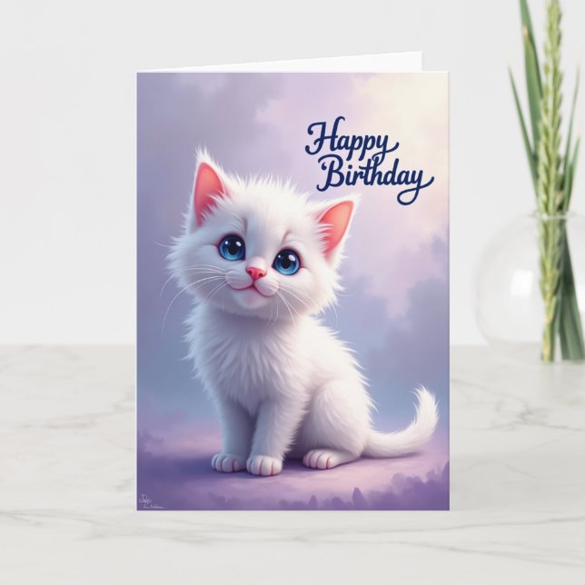 Tarjeta de cumpleaños de gato blanco dulce (Anverso)