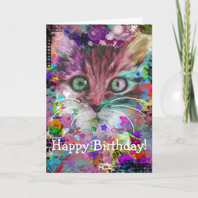Tarjeta de cumpleaños de gato colorida (Anverso)