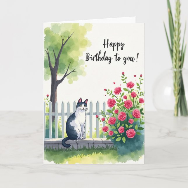 Tarjeta de cumpleaños de gato con acuarela (Anverso)