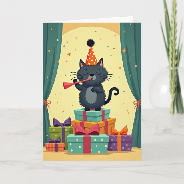 Tarjeta de cumpleaños de gato con cortina (Anverso)