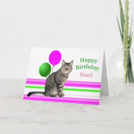 Tarjeta de cumpleaños de gato con globos para niño