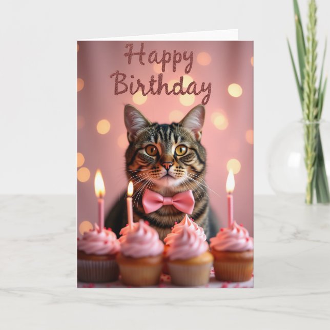 Tarjeta de cumpleaños de gato con pastel (Anverso)