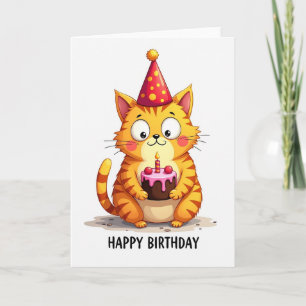 Tarjeta de cumpleaños de gato con pastel
