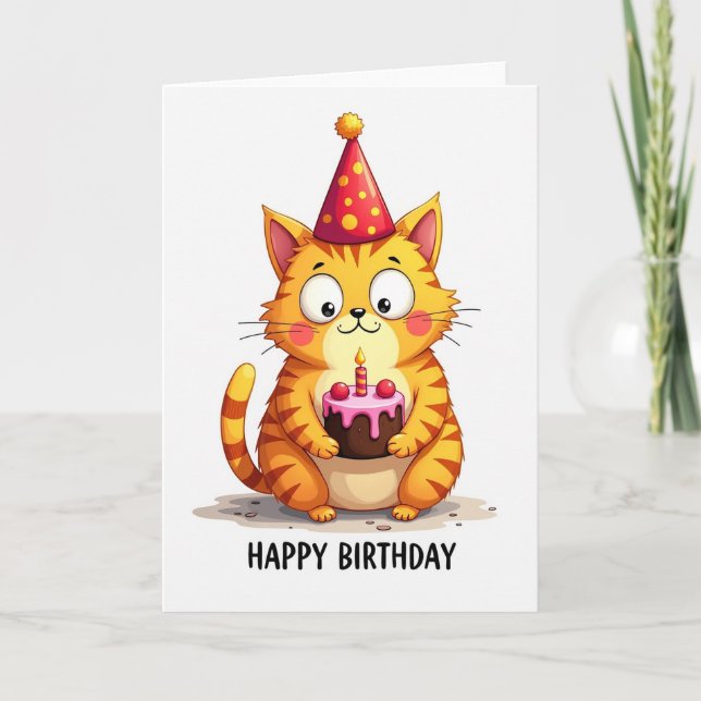 Tarjeta de cumpleaños de gato con pastel (Anverso)