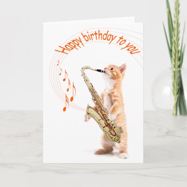 Tarjeta de cumpleaños de gato con saxofón (Anverso)