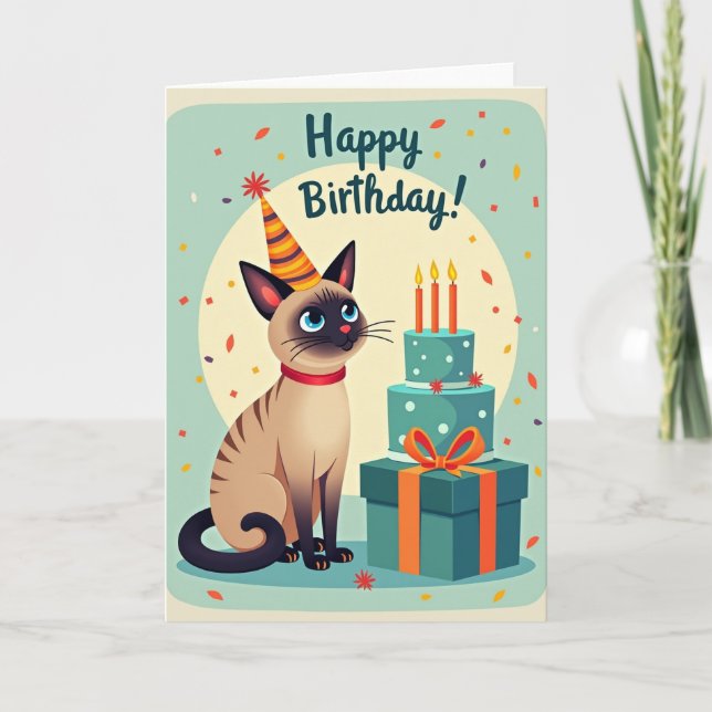 Tarjeta de cumpleaños de gato con sombrero a rayas (Anverso)