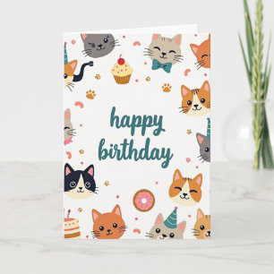 Tarjeta de cumpleaños de gato de arte plano