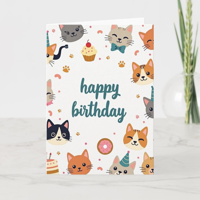 Tarjeta de cumpleaños de gato de arte plano (Anverso)