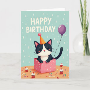 Tarjeta de cumpleaños de gato en caja de regalo