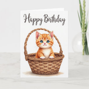 Tarjeta de cumpleaños de gato en cesta alegre