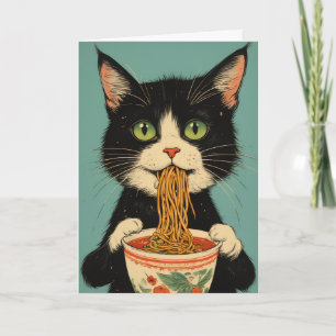 TARJETA DE CUMPLEAÑOS DE GATO ESMOQUIN COMIENDO FI