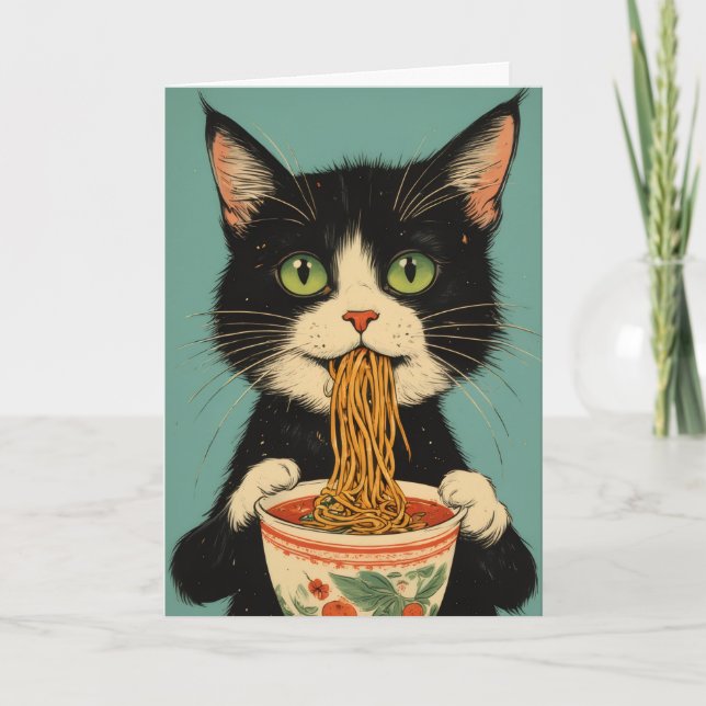 TARJETA DE CUMPLEAÑOS DE GATO ESMOQUIN COMIENDO FI (Anverso)
