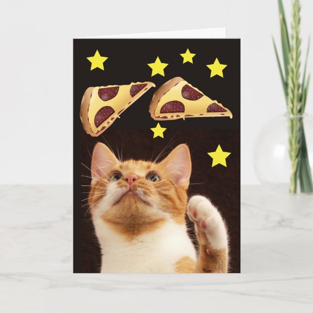 TARJETA DE CUMPLEAÑOS DE GATO ESPACIAL CON PIZZA (Anverso)