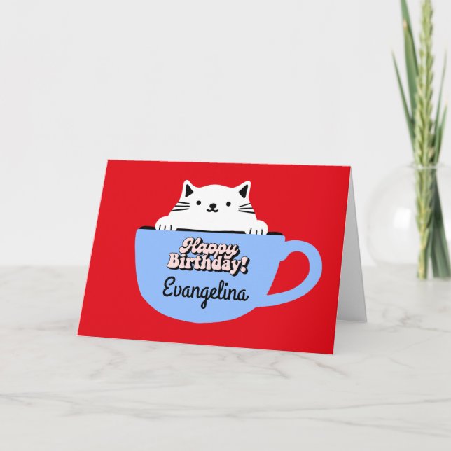 Tarjeta de cumpleaños de gato, gatito en taza pers (Anverso)