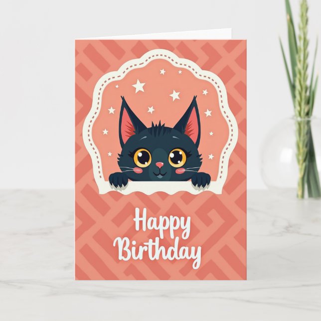 Tarjeta de cumpleaños de gato negro alegre (Anverso)