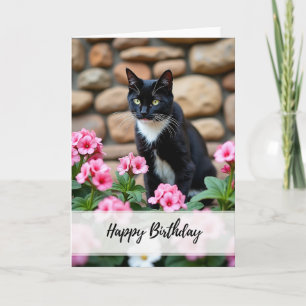 Tarjeta de cumpleaños de gato negro floral elegant