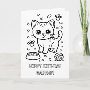 tarjeta de cumpleaños de gato plegable para colore