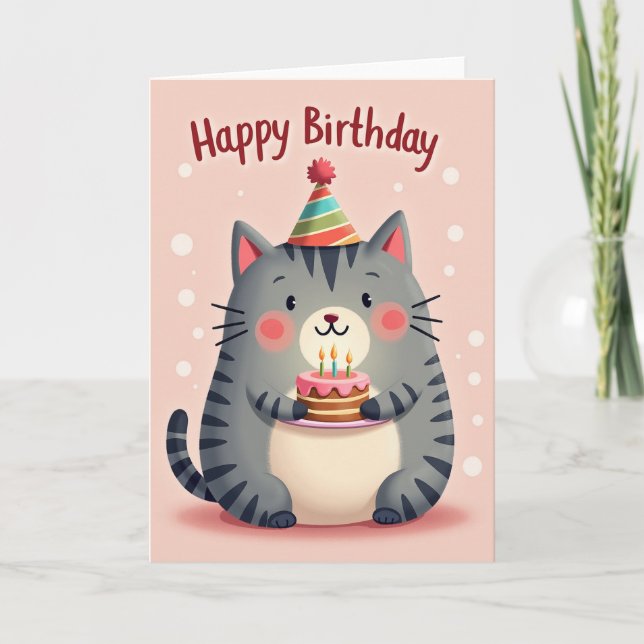 Tarjeta de cumpleaños de gato rosa (Anverso)