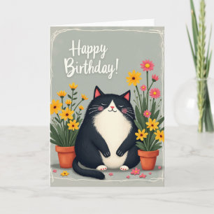 Tarjeta de cumpleaños de gato sereno con flores
