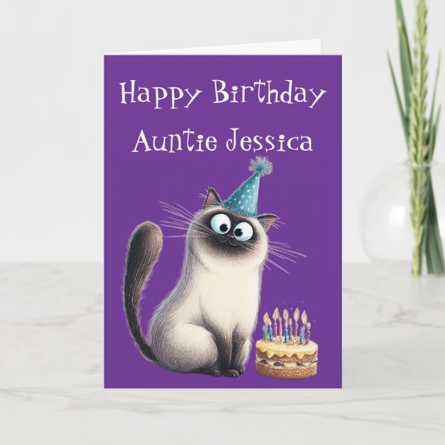 Tarjeta de cumpleaños de gato siamés caprichosa (Anverso)