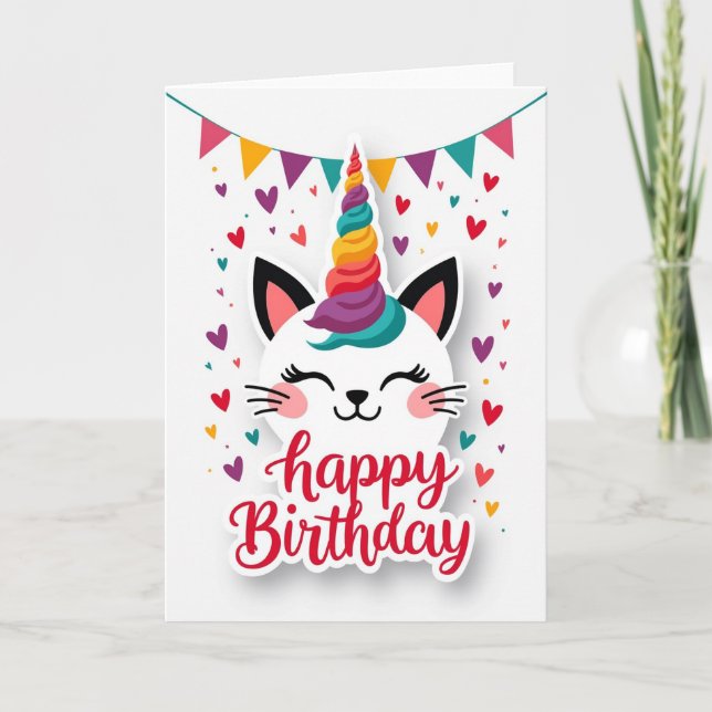 Tarjeta de cumpleaños de gato unicornio (Anverso)