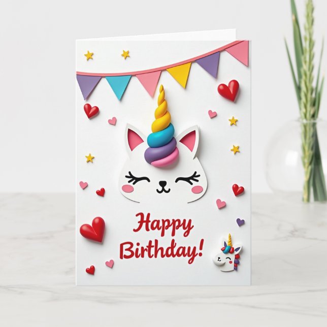 Tarjeta de cumpleaños de gato unicornio dulce (Anverso)