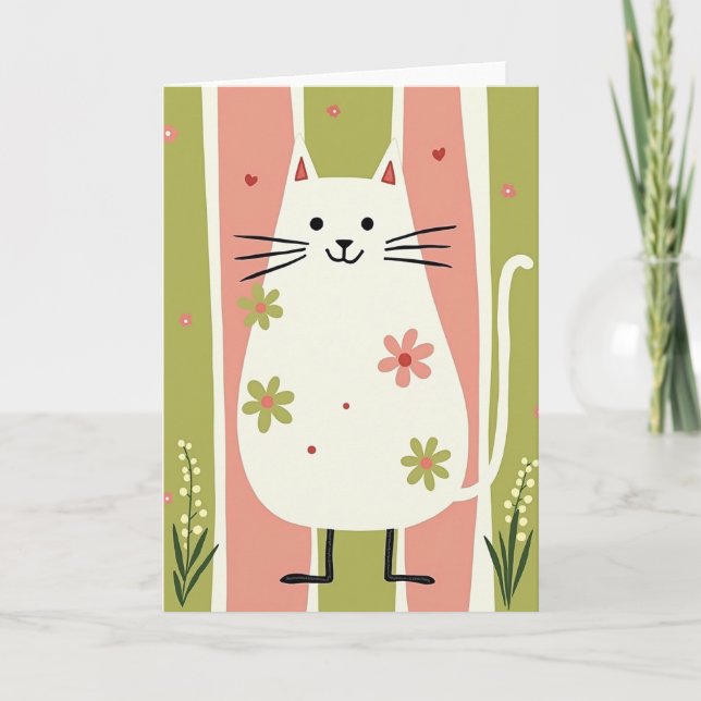 Tarjeta de cumpleaños de gato verde rosa (Anverso)