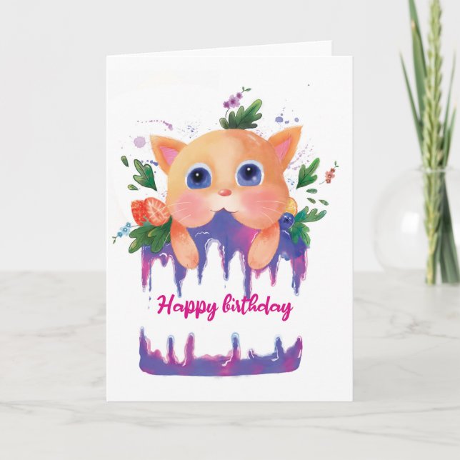 Tarjeta de cumpleaños de gato y pastel de cumpleañ (Anverso)