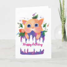 Tarjeta de cumpleaños de gato y pastel de cumpleañ