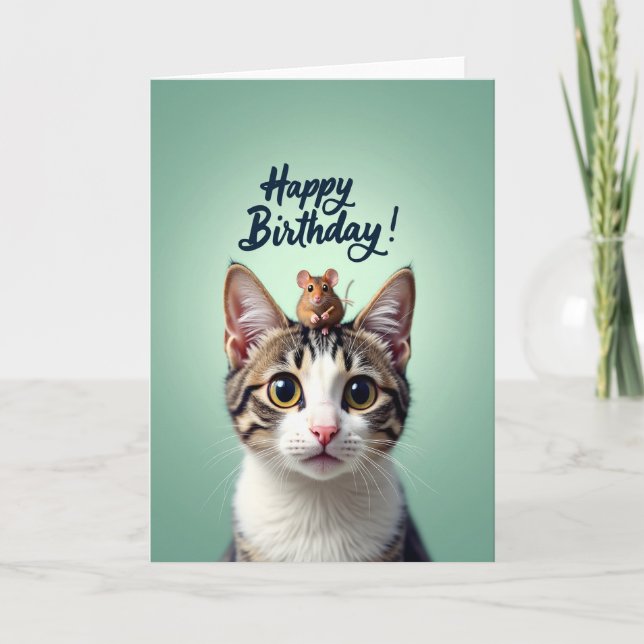 Tarjeta de cumpleaños de gato y ratón lindos (Anverso)
