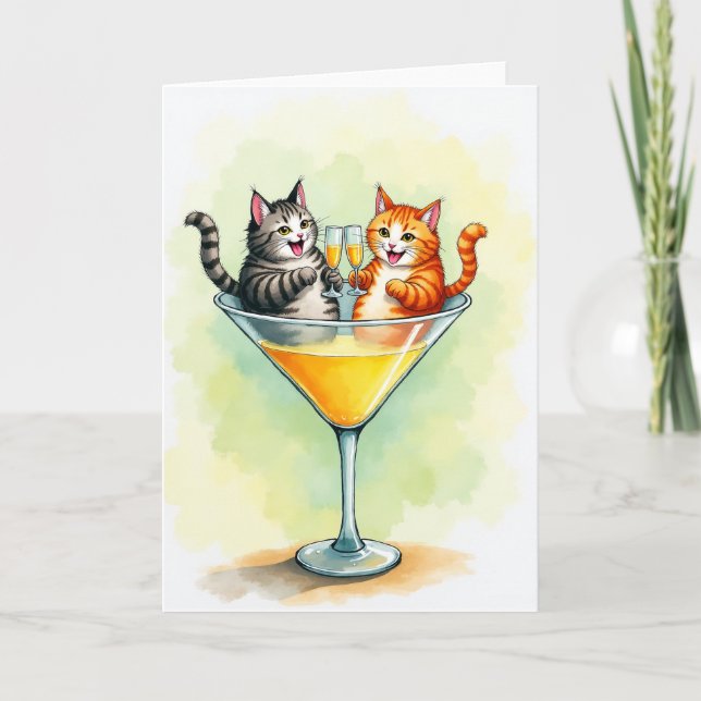 Tarjeta de cumpleaños de gatos brindando (Anverso)