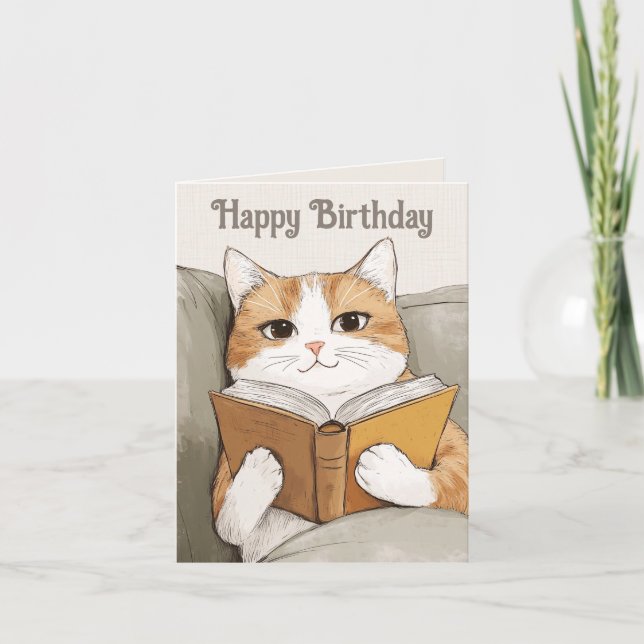 Tarjeta de cumpleaños de gatos y libros (Anverso)