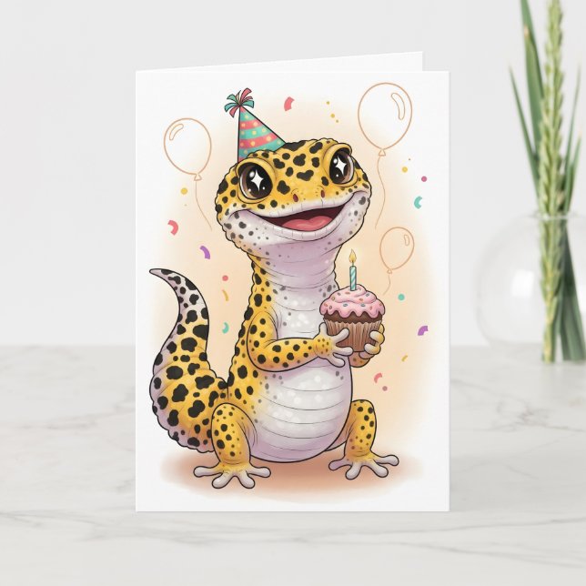 Tarjeta de cumpleaños de geco leopardo de aventura (Anverso)